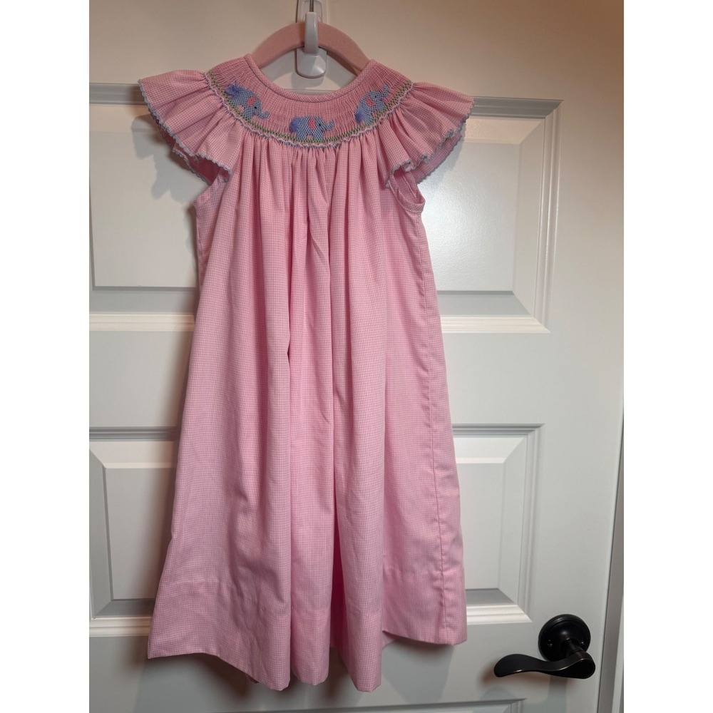 Edgehill Collection Girls 3T Pink Gingham Smocked Elephant Flutter Sleeve Dress